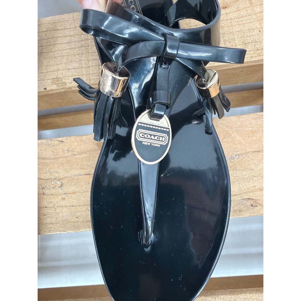 Coach Helma Black Jelly Thong Sandals Bow Tassel Gold Logo 8B EUR 38 - Picture 3 of 8